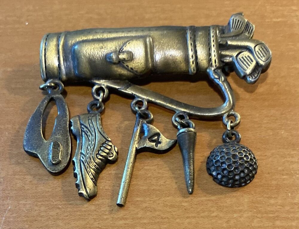 Gold Tone NR Golf Bag Dangle Brooch Lapel Pin Sports Charms Ball Tee Shoe Club